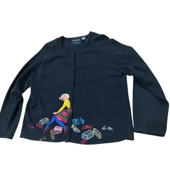 Vintage Black Michael Simon Cardigan Beaded Embroidered Sweater / XL - - Picture 5 of 5